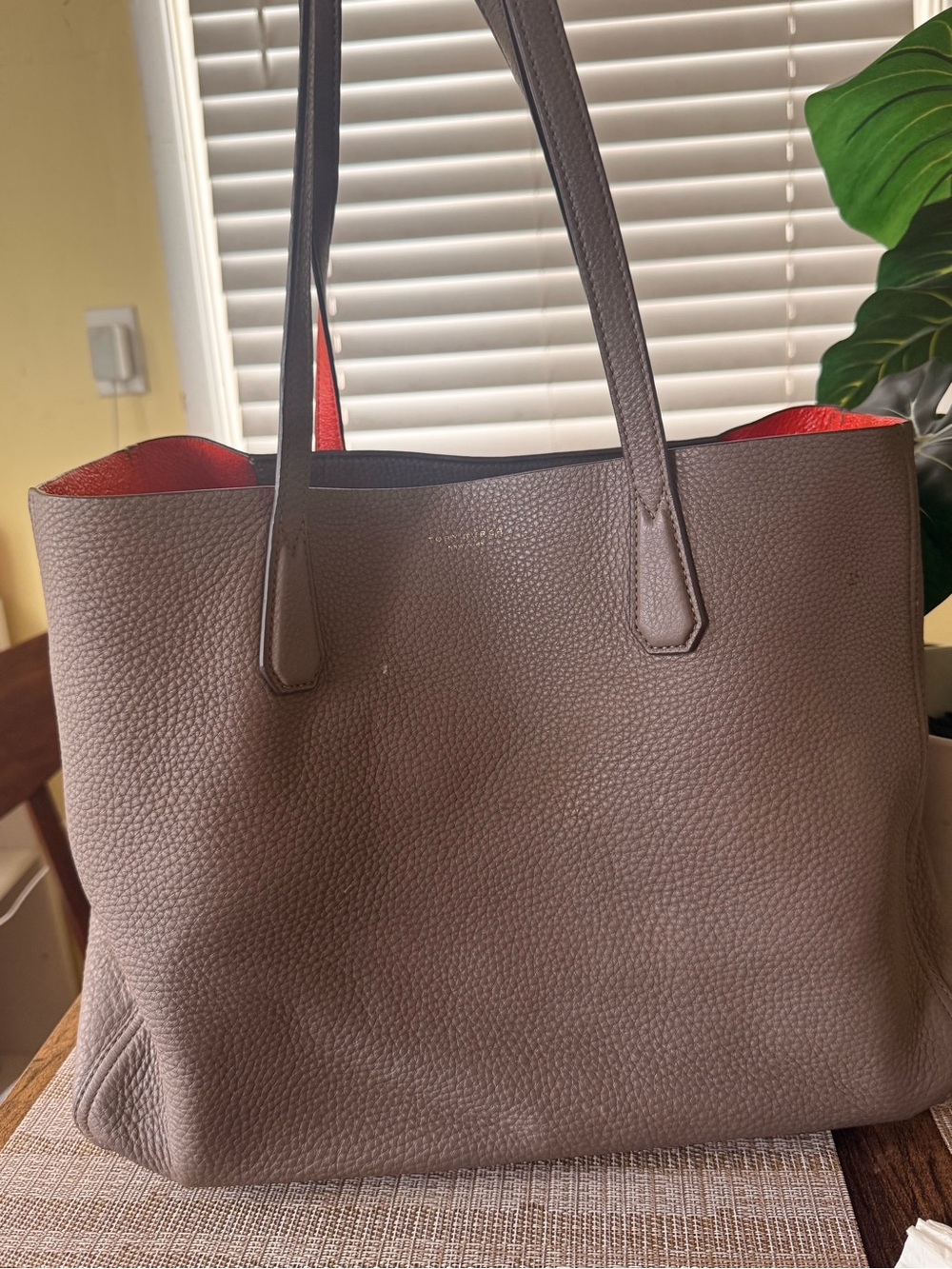 Tory Burch Taupe Pebbled Leather Tote with Red Interior